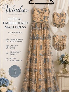 Windsor Embroidered Floral Mesh Lace-Up Back Maxi Dress Small